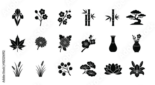 Traditional japanese floral and botanical black silhouette icons set including iris bamboo bonsai and plum blossom isolated on white background, Vector, illustration