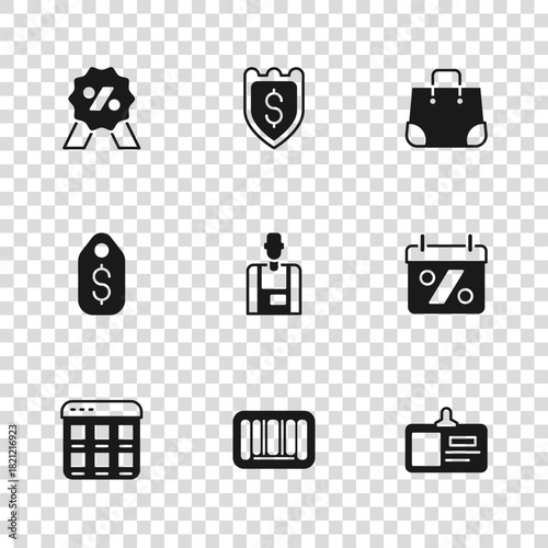 Set Barcode, Discount percent tag, Identification badge, Seller, Paper shopping bag, Shield with dollar and Price icon. Vector