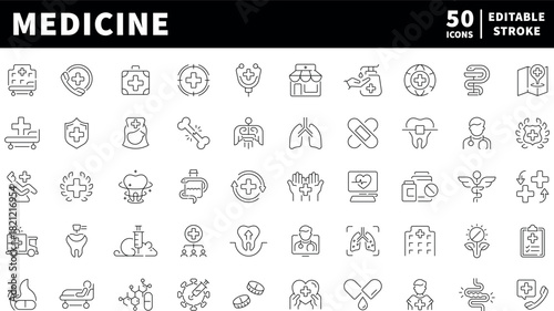 Medicine icons set. editable line icons in outline style, healthcare symbols