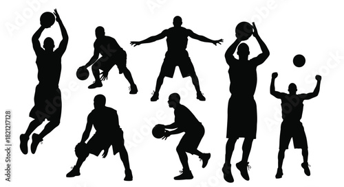 Basketball players silhouettes set collection showing various dynamic poses and actions during game play action vector design. isolated on white background, Vector, illustration
