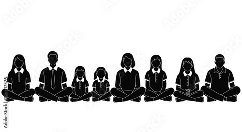 Silhouettes of a diverse group of seven people sitting cross-legged on the floor in a line isolated on white background, Vector, illustration