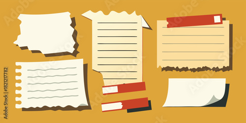 Collection of paper pieces and notes with red adhesive tape and some lined paper on a yellow background for scrapbooking