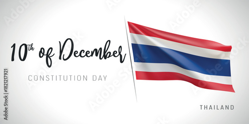 Thailand constitution day vector banner, greeting card. Thai wavy flag in 10th of December patriotic holiday horizontal design with realistic flag
