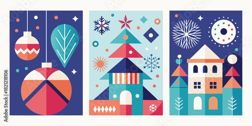 Vector art showing christmas ornaments, a tree, and a building with a geometric and colorful design for holiday greetings and invitations