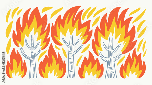 Simplified vector illustration of a forest fire scene with smoke and flames in a natural landscape