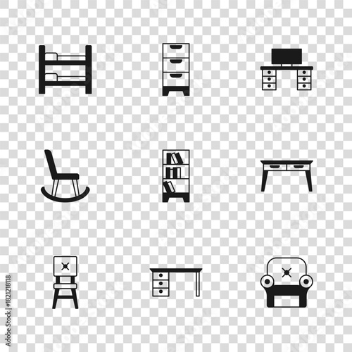 Set Office desk, Armchair, Library bookshelf, Bunk bed, Chest of drawers and icon. Vector