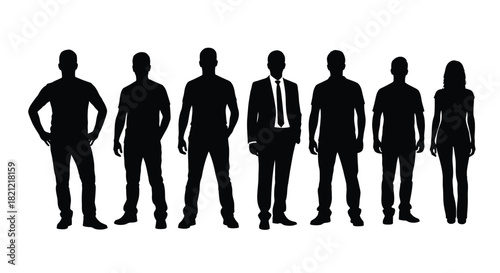 A group of diverse people silhouettes standing together, including businessmen and casual adults isolated cutout. isolated on white background, Vector, illustration