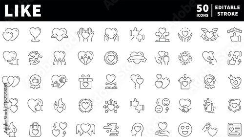 Love and like icons set. editable line icons, outline, social media, engagement
