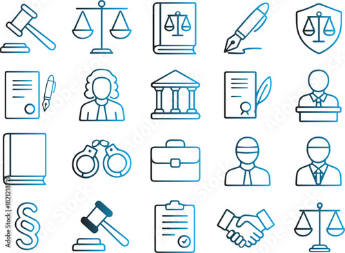 Collection of thin line icons representing various legal and justice concepts, including gavel, scales, law book, courthouse, and handshake, isolated on white background