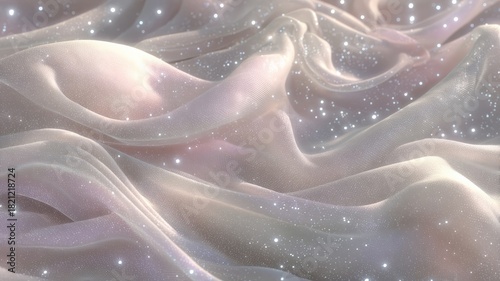 Elegant satin waves adorned with sparkling lights, exuding soft, ethereal glow. Light tones create dreamy, luxurious atmosphere. Curves form gentle, flowing patterns. Neural network AI generated