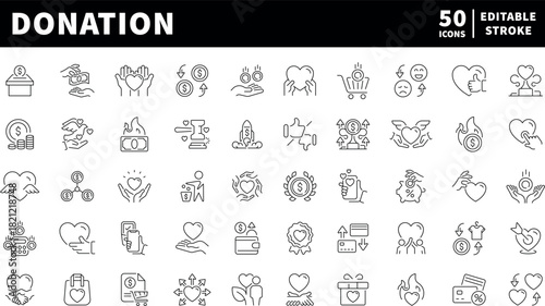 Donation and charity icons set. editable line icons, linear nonprofit symbols