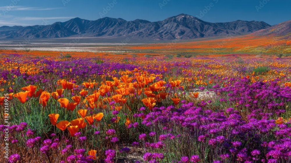 Obraz premium Vibrant Desert Landscape of Orange Poppies and Purple Owl's Clover Wildflowers in California