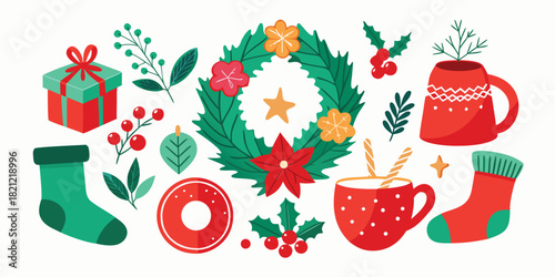 Collection of christmas elements like gift, wreath, mugs, ornament, socks, holly and other decoration items for christmas celebration