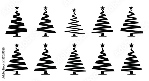 Set of ten stylized ribbon christmas trees silhouette icons with star toppers, simple vector illustration for seasonal holiday design concept. isolated on white background, Vector, illustration