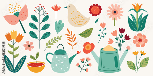 Beautiful springtime garden elements including flowers, plants, leaves, watering cans, and a cute bird vector illustration for microstock design markets