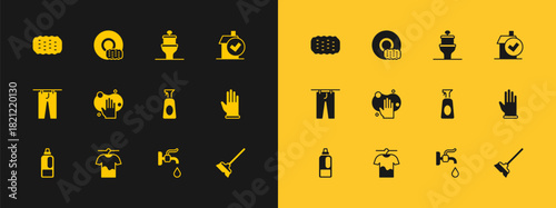 Set Home cleaning service, Drying clothes, Cleaning spray with detergent, Water tap, Sponge, Toilet bowl, and Washing dishes icon. Vector