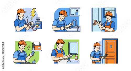 Electrician's daily tasks inspecting wires, fixing faucets, handling electrical devices and door locks
