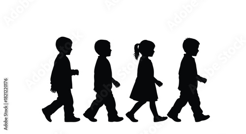 Silhouette of four diverse young children walking side view isolated vector illustration cutout profile graphic element group. isolated on white background, Vector, illustration