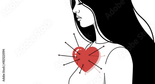 Heartbreak Illustrated Woman with Pierced Heart Symbolizing Emotional Pain and Grief