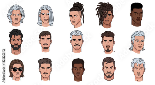 Diverse Portrait Collection Stylish Male Hairstyles, Facial Hair, and Modern Portraits, Line Art
