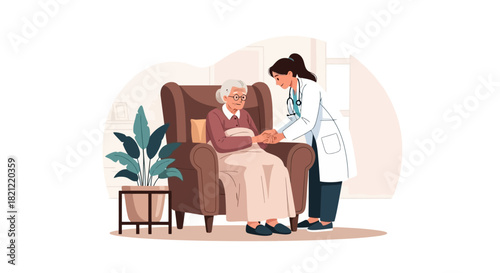 Compassionate female doctor comforting an elderly woman sitting in an armchair, representing senior healthcare and home assistance
