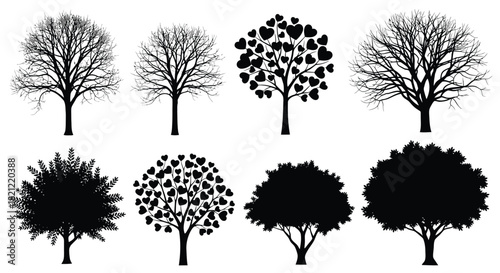 Eight stylized black tree silhouettes isolated on white, featuring bare branches, full leafy crowns, and romantic heart-shaped foliage graphics. isolated on white background, Vector, illustration