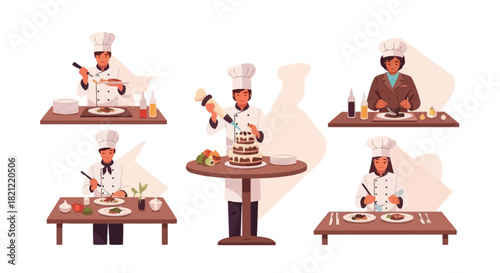 Culinary artists skillfully decorating sweet desserts and savory dishes, showcasing food artistry