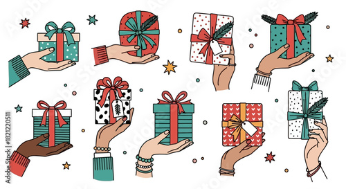 A diverse community of hands sharing festive presents, a hand-drawn illustration set of colorful gift boxes for any celebration