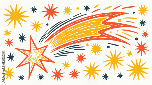 Abstract shooting star with a long textured trail rendered in vibrant cmyk colors and grayscale