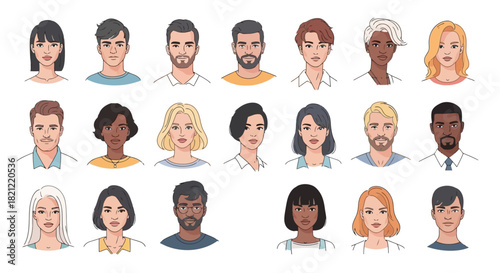 Vector illustration set of diverse people avatars, featuring a multicultural community of men and women with various hairstyles and faces