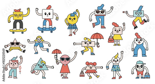A diverse collection of funny geometric shape characters in various poses, illustrating a concept of unique personalities and creative expression