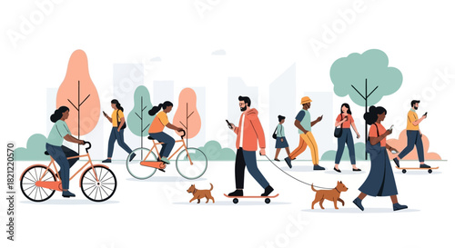 People enjoying outdoor activities and interacting with technology in a park setting