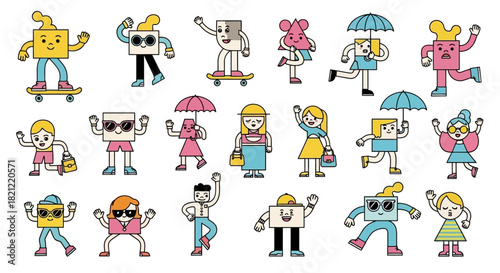 Whimsical collection of diverse geometric cartoon characters engaging in various playful activities, showcasing vibrant personalities and energetic movements in a flat graphic style