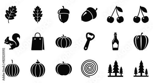 Collection of black silhouette vector icons featuring autumn nature elements, food, shopping, abstract shapes, and objects isolated on white background, Vector, illustration