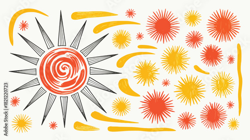 Vibrant stylized sun with sharp rays and colorful elements