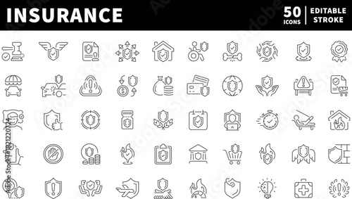 Insurance icons set. editable line icons, linear, protection, coverage symbols