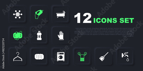 Set Dustpan, Water tap, Bottle for detergent, Towel on hanger, Bar of soap, Sponge, Portable vacuum cleaner and Washer icon. Vector