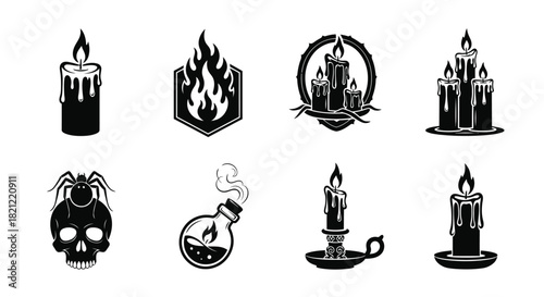 Spooky monochrome vector icon set: dripping candles, flame emblem, spider on skull, and magic potion silhouettes for halloween graphics. isolated on white background, Vector, illustration