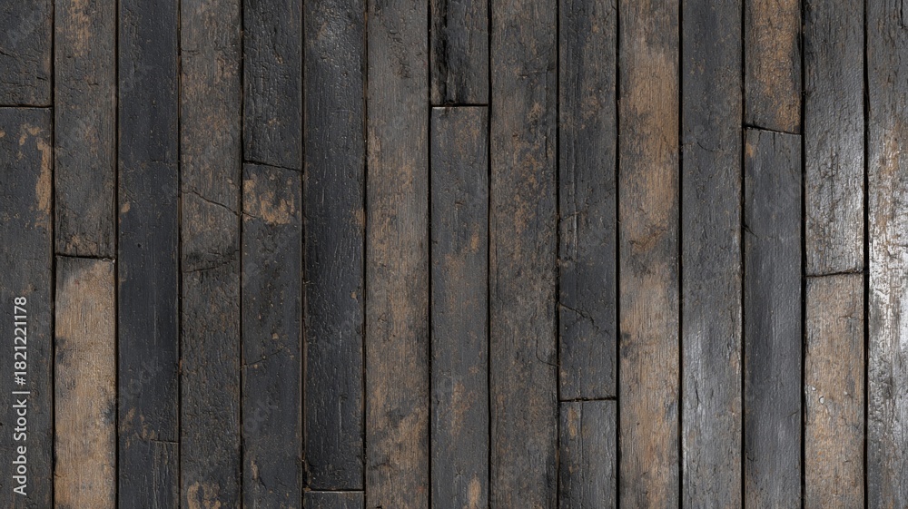 Fototapeta premium Aged wooden planks displaying rugged texture and darkened patches, creating rustic charm. Weathered surface suggests historical wear, adding character. Viewed from front. Neural network AI generated