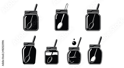 Six black and white jar icons set with spoons, representing food preservation, jam, honey, or canning concept vectors illustration. isolated on white background, Vector, illustration
