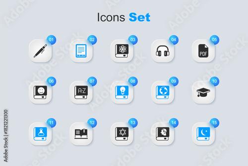 Set Law book, Translator, E-Book reader, Chemistry, Holy of Koran, Graduation cap, Pen and User manual icon. Vector