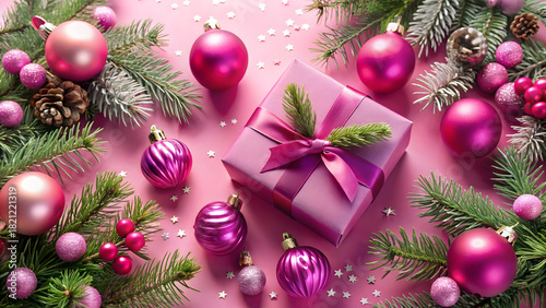 Elegant Christmas gift box with pink ornaments and festive decorations creating a warm holiday atmosphere perfect for seasonal campaigns