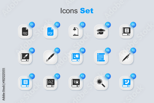 Set Magnifying glass, Fountain pen nib, PDF file document, Book, Phone book, Pen, FB2 File and about geometry icon. Vector