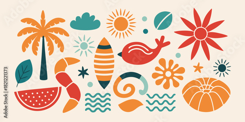Summer tropical collection design with dinosaur, sun, flower, palm tree, ocean waves and plant in pots for seasonal decoration vector illustration
