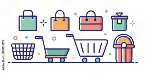Shopping cart and baskets vector design showcases retail elements