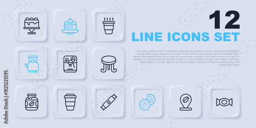 Set line Location with coffee bean, Candy, Coffee machine, Cookie or biscuit, Kettle handle, cup to go, Piece cake and Sugar stick packets icon. Vector