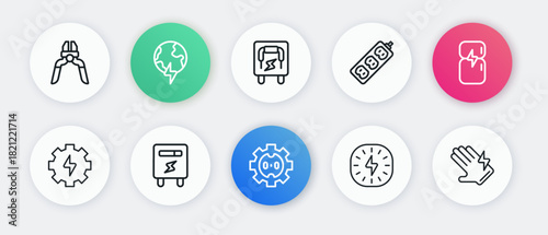Set line Electrical outlet, Refrigerator, Gear and lightning, Lightning bolt, extension, panel, glove and meter icon. Vector