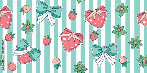 Sweet strawberries and flowers repeat pattern vector illustration for backgrounds, fabric design, textile, wallpapers, baby clothes and other cute things