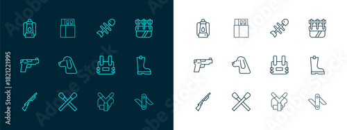 Set line Quiver with arrows, Burning match fire, Bulletproof vest, Slingshot, Hunting dog, Dead fish, Camping lantern and Open matchbox and matches icon. Vector
