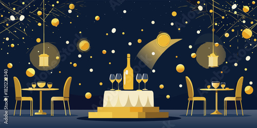 Elegant wedding reception in a ballroom at night with tables, chairs, balloons, lights, and decorations; ready for the special event